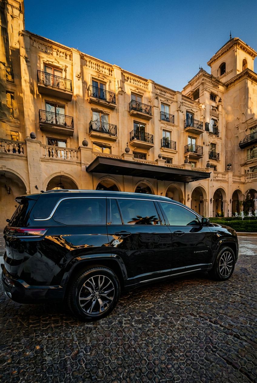 SUV executiva preta da Masquetto em frente a hotel de luxo