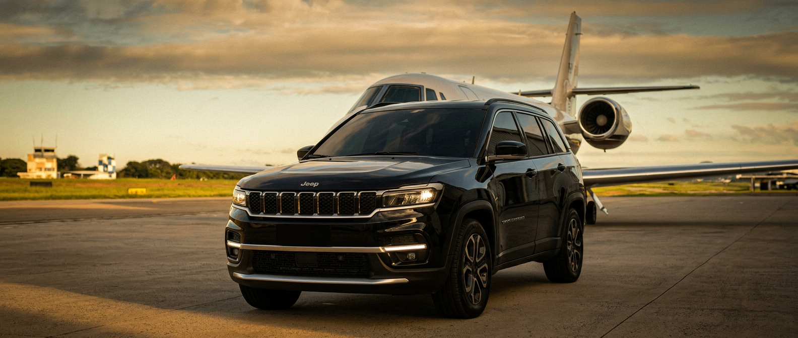 SUV executiva preta da Masquetto na pista ao lado de jato executivo, golden hour